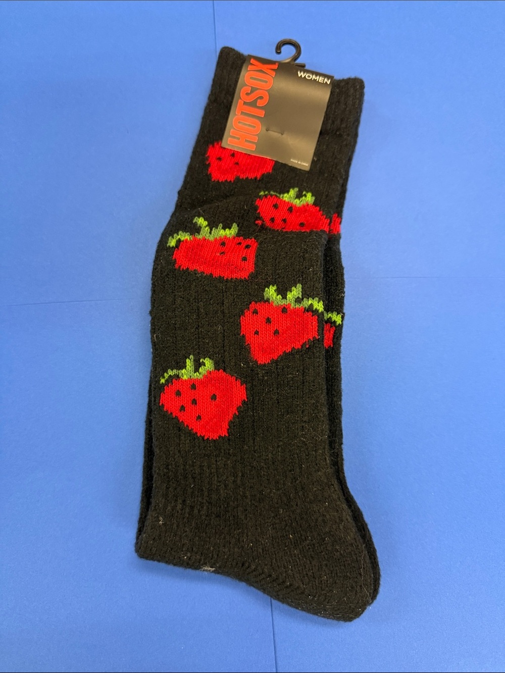 Hot Sox Black Crew Socks with Red Strawberry Motif